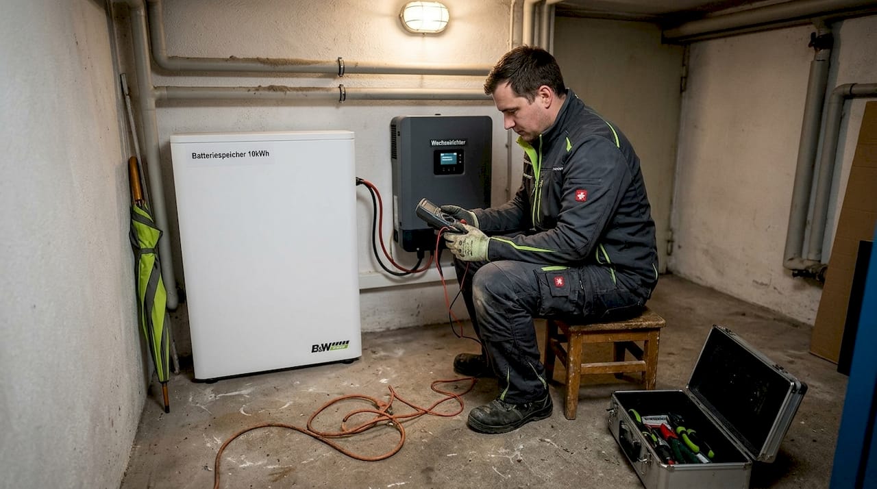 Ein Fachmann überprüft den Batteriespeicher einer Solaranlage auf Funktion und Sicherheit.