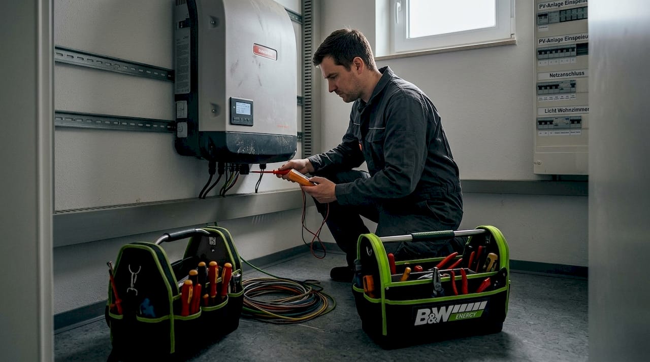 Ein Fachmann überprüft den PV-Wechselrichter im Technikraum auf Funktion und Sicherheit.