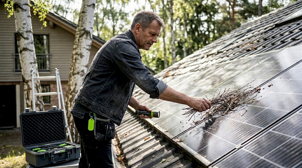 Ein Fachmann kontrolliert, ob die Solarmodule auf dem Dach durch Schatten beeinträchtigt werden.