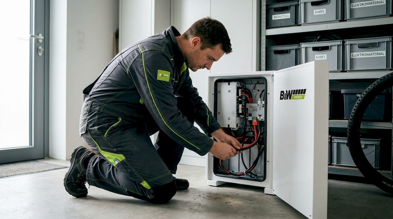 Ein Elektriker montiert aktuell einen Solarspeicher für das Eigenheim.