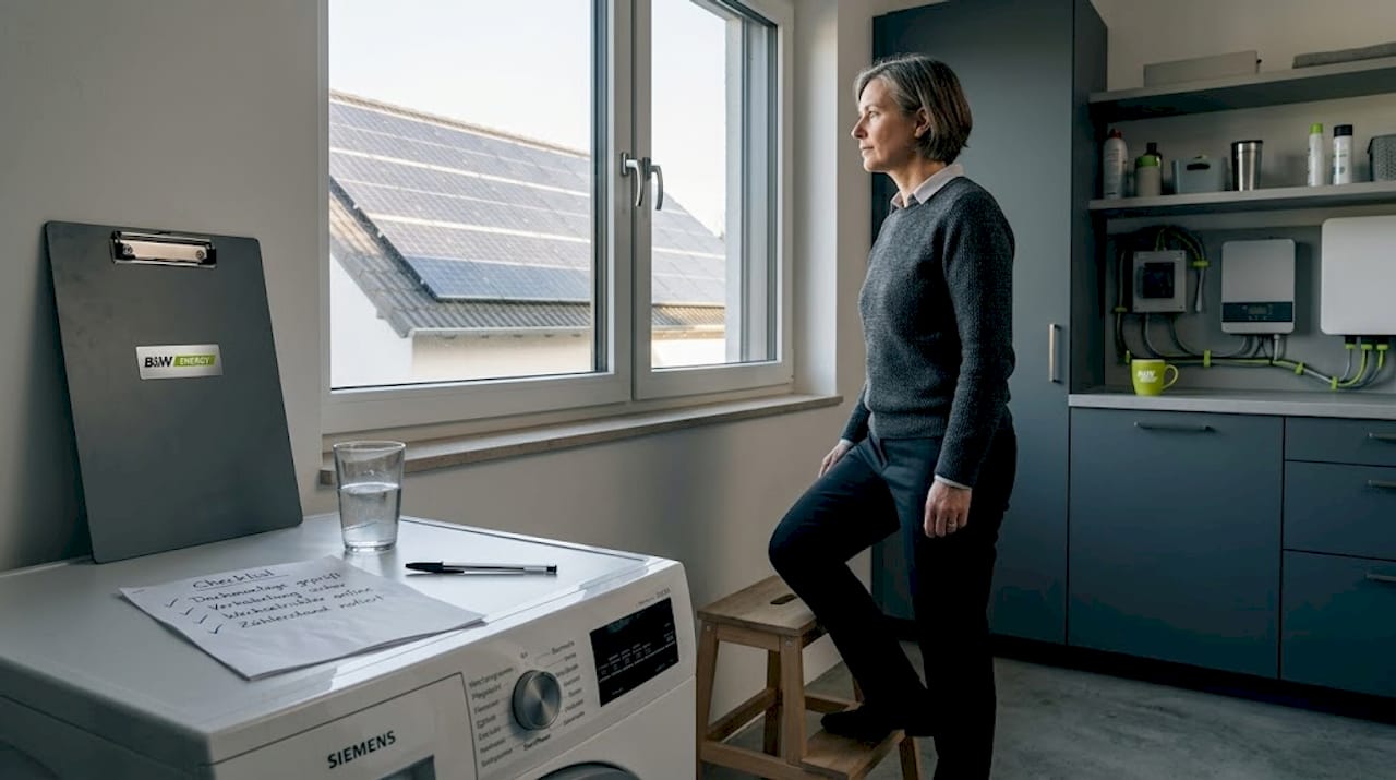 Eine Hausbesitzerin wirft einen prüfenden Blick auf ihre Solaranlage.
