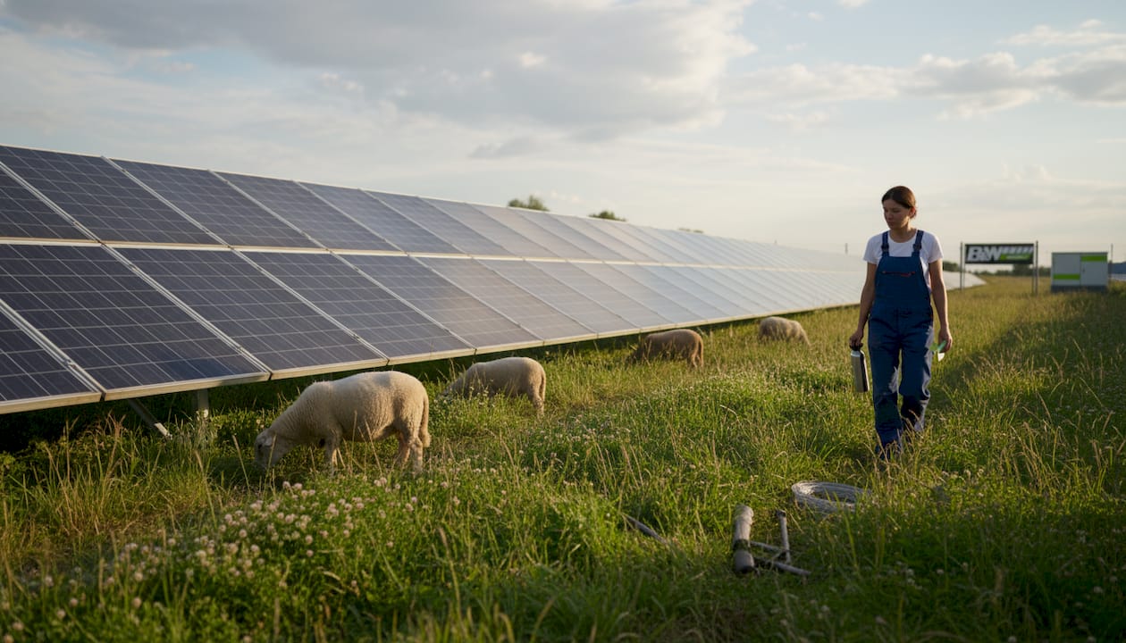 Eine Landwirtin steht neben ihrer Schafherde auf einem Solarpark – nachhaltige Energie trifft Landwirtschaft.