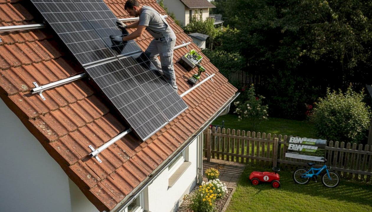 Ein Handwerker montiert eine Solaranlage auf dem Dach eines Wohnhauses.