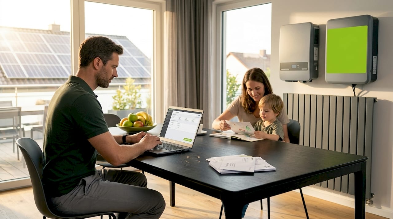 Eine Familie verbringt gemeinsam Zeit zu Hause, während der Energiespeicher im Wohnbereich gut sichtbar integriert ist.