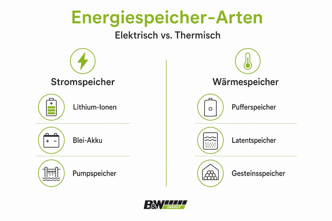 Vergleich der verschiedenen Speicherlösungen für Strom und Wärme in einer anschaulichen Infografik