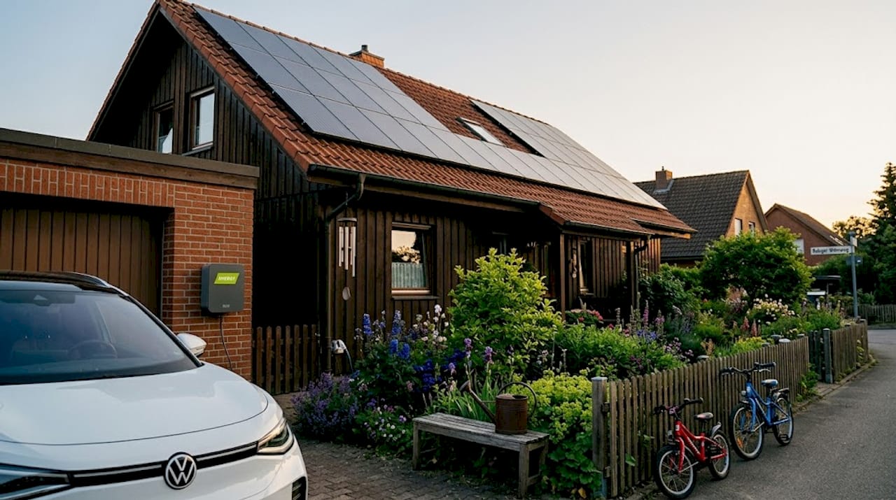 Modernes Eigenheim mit Solarstrom und Ladestation für Elektrofahrzeuge