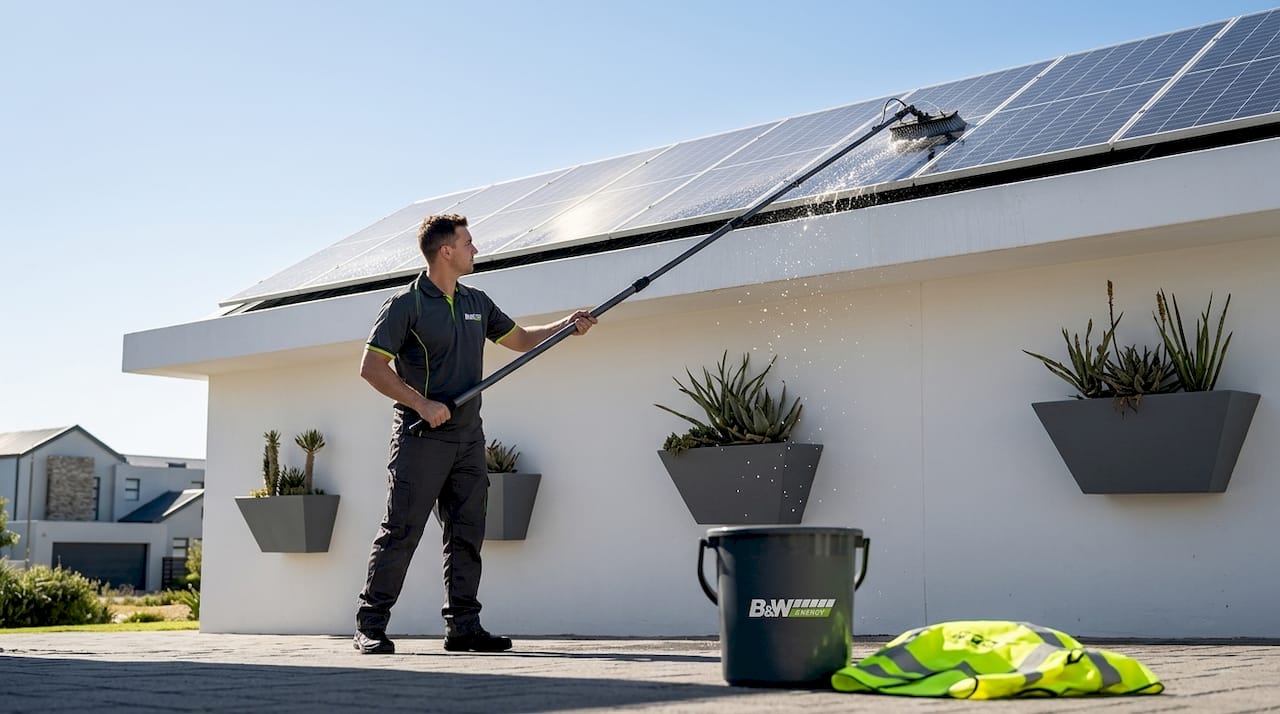 Mit einer Teleskopbürste werden die Solarmodule gründlich gereinigt.