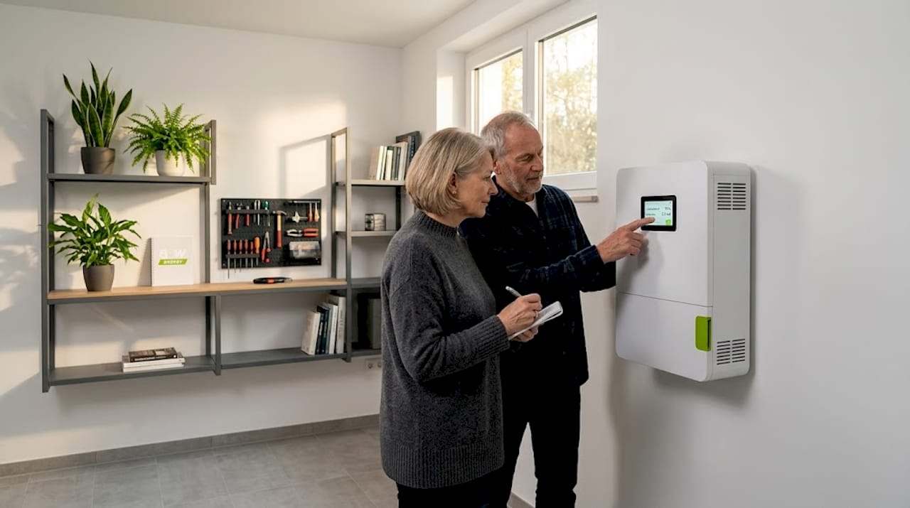 Ein Ehepaar bespricht die Anschaffung eines Batteriespeichers für den Hauswirtschaftsraum.