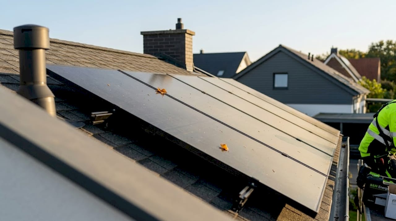 Detailaufnahme von monokristallinen Solarpanels auf einem Hausdach