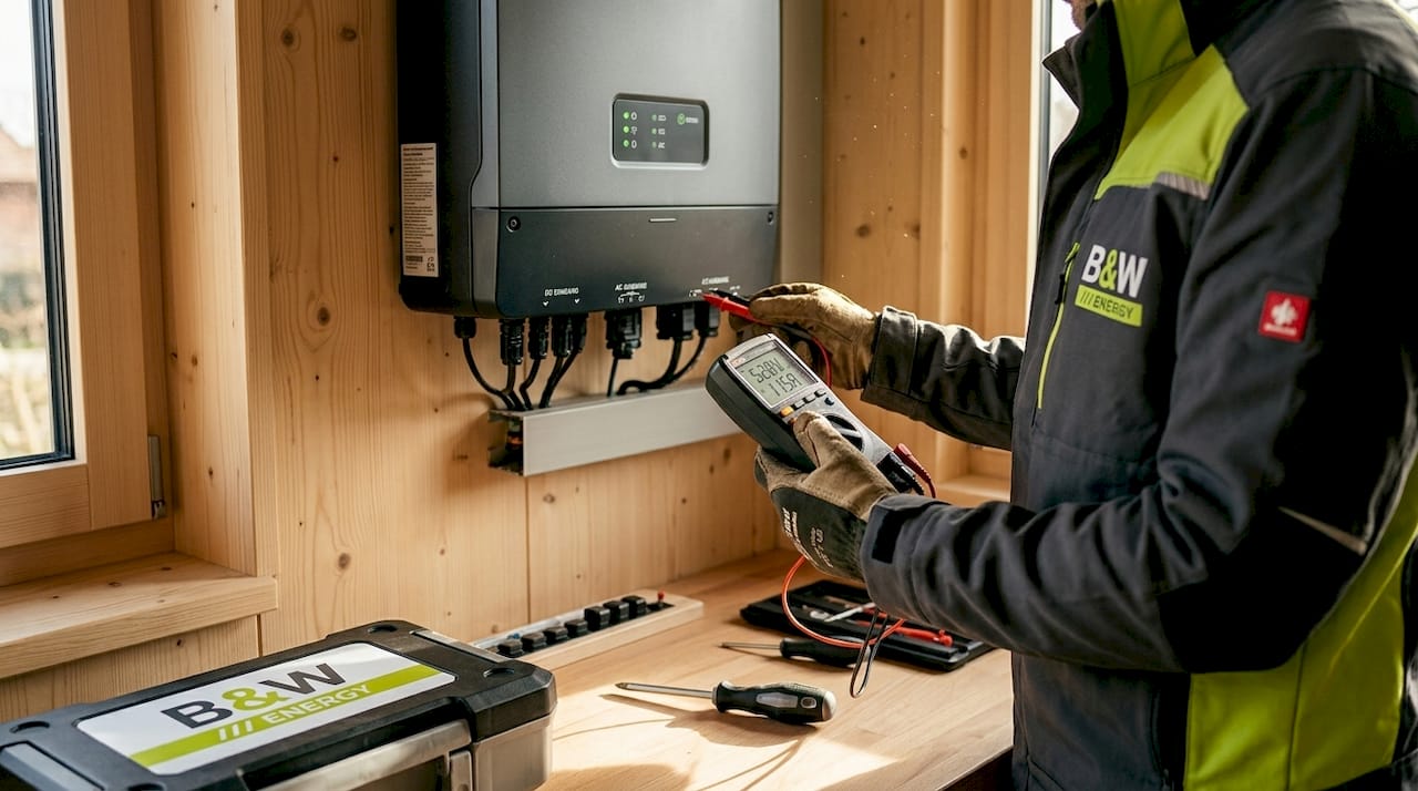 Im Fokus: Die Hände eines Technikers, der gerade am Wechselrichter arbeitet.