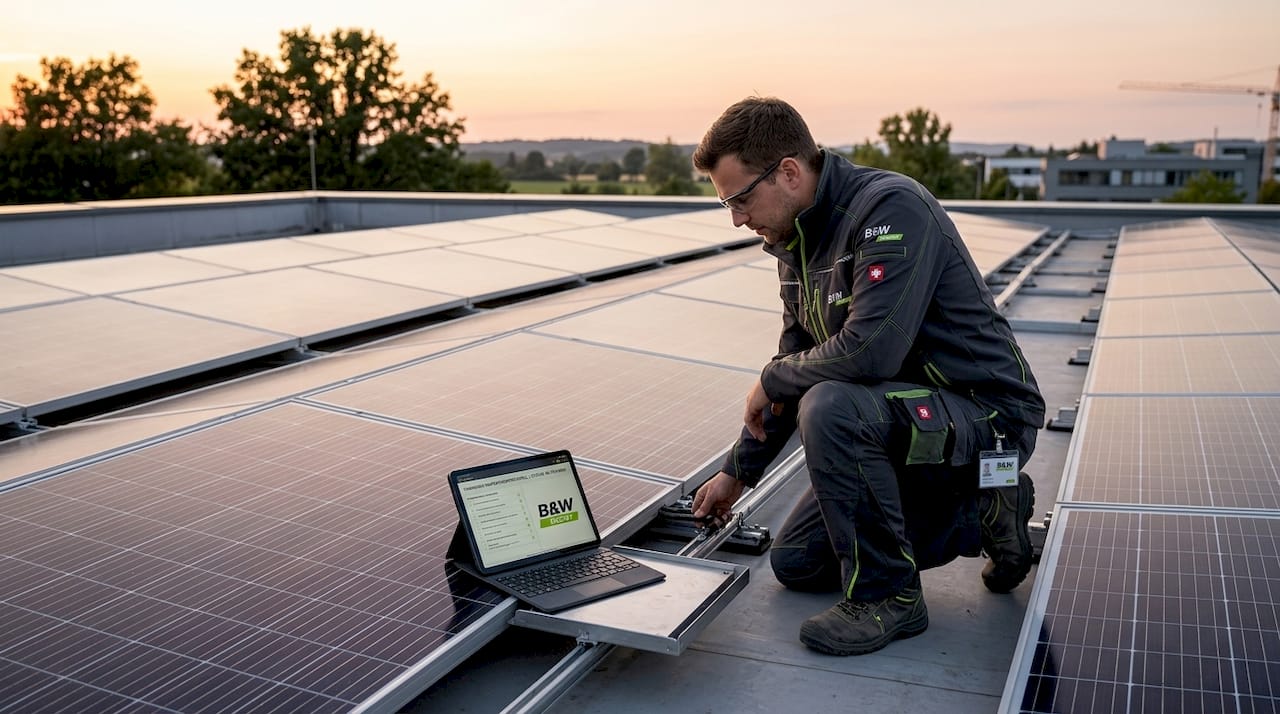 Auf dem Dach eines Gewerbegebäudes fangen Solarmodule die Sonnenstrahlen ein und wandeln sie in saubere Energie um.