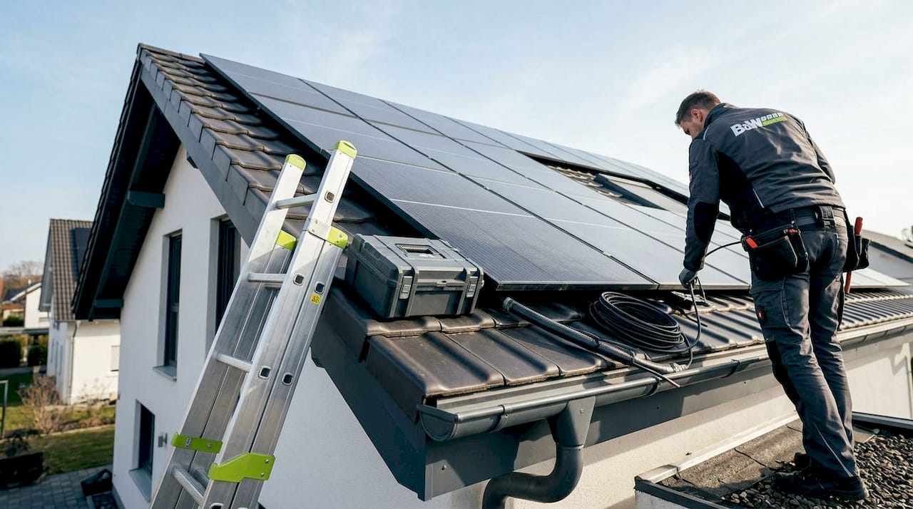 Dachfläche mit installierten Photovoltaikmodulen bei Tageslicht