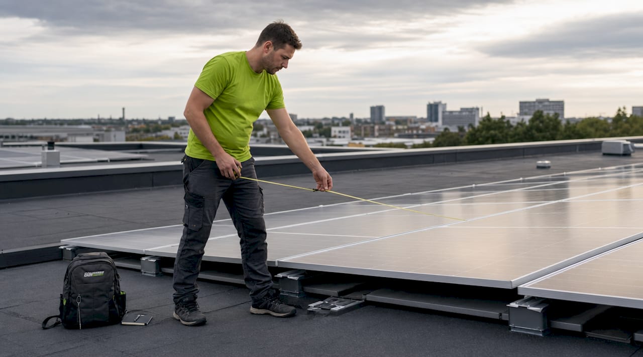 Ein Handwerker vermisst die Solarmodule auf dem Hausdach, um sie passgenau zu montieren.