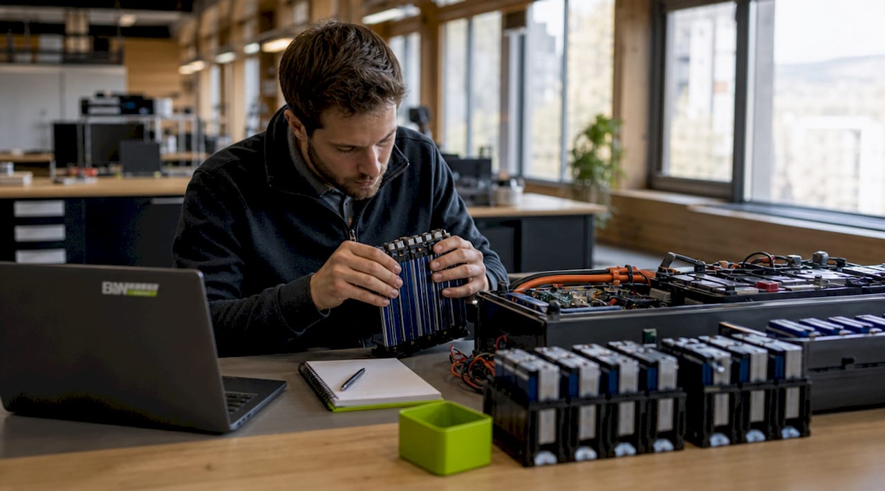 Ein Techniker begutachtet eine Komponente des Batteriespeichers im Labor.