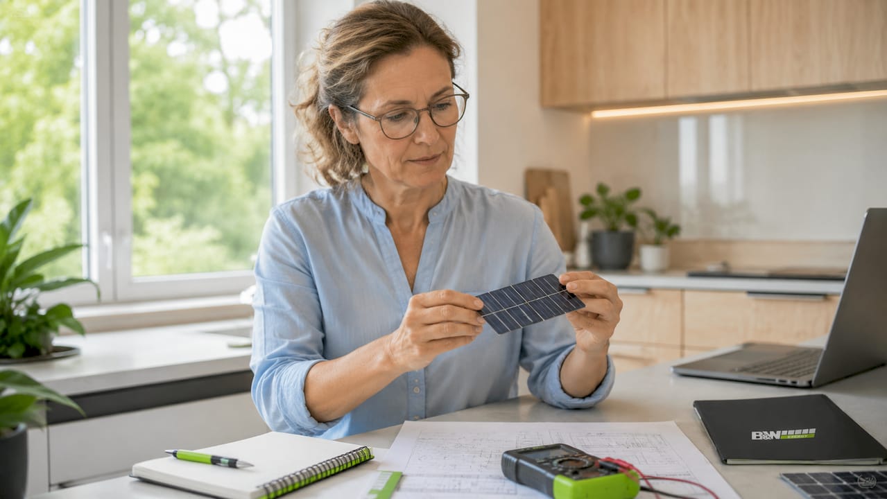 Eine Frau betrachtet eine Photovoltaikzelle aus nächster Nähe und nimmt sie dabei ganz genau unter die Lupe.
