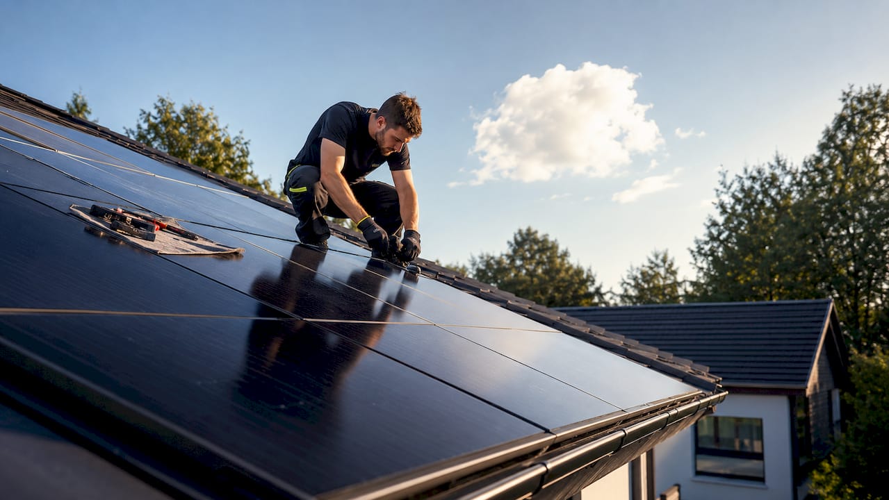 Ein Techniker bringt einen PV-Sensor am Solarmodul an.