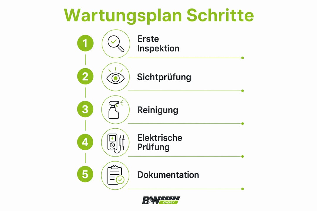 Übersichtliche Infografik: Die wichtigsten Schritte für die regelmäßige Wartung Ihrer Photovoltaikanlage auf einen Blick