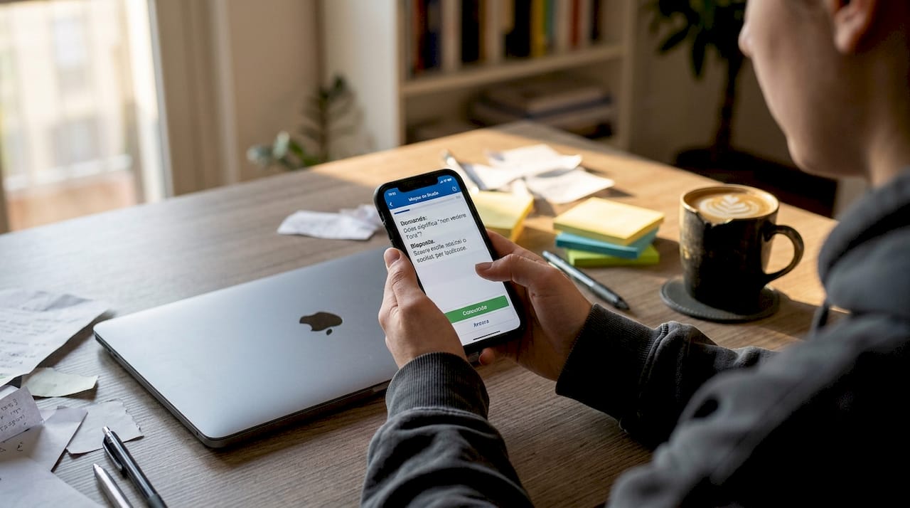 Mani che sfogliano le flashcard su un'applicazione dello smartphone, seduti alla scrivania.