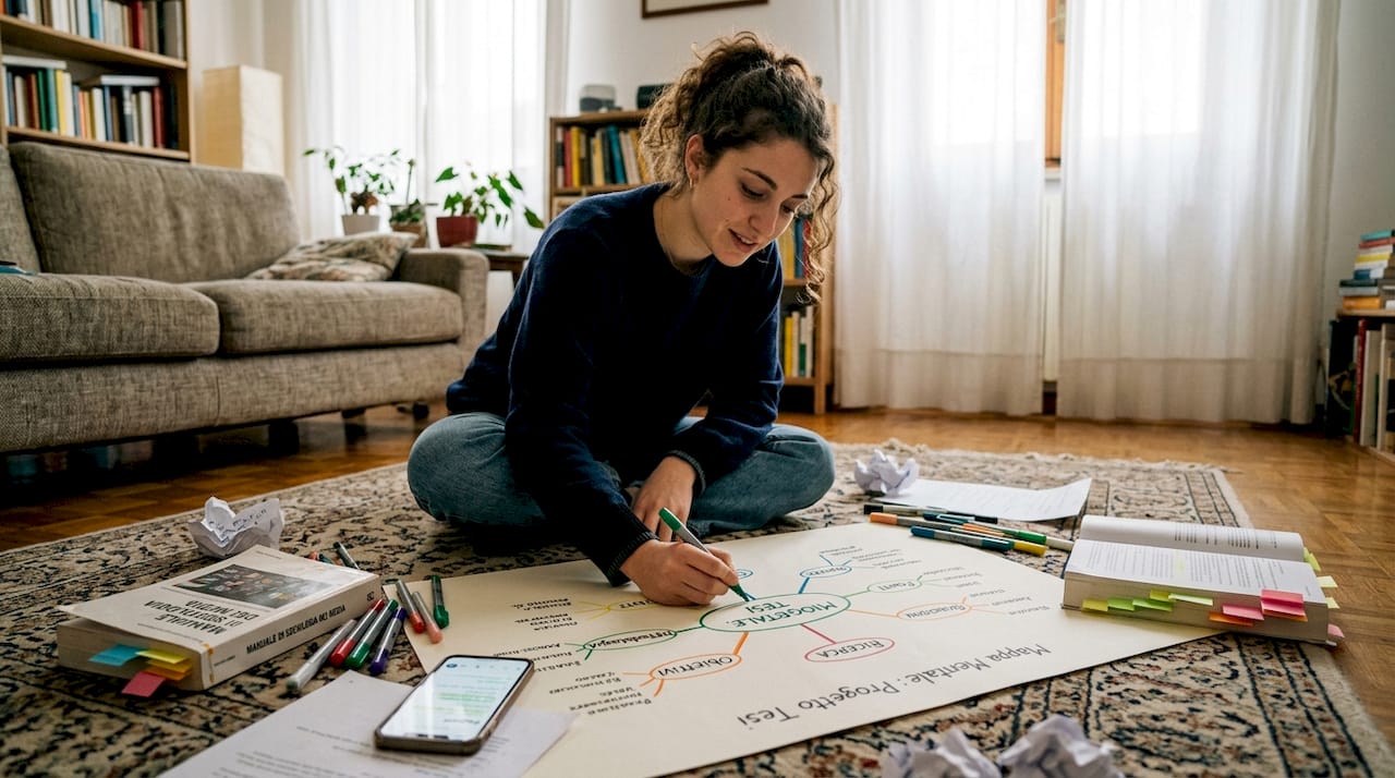Uno studente sta creando una mappa concettuale per organizzare lo studio.
