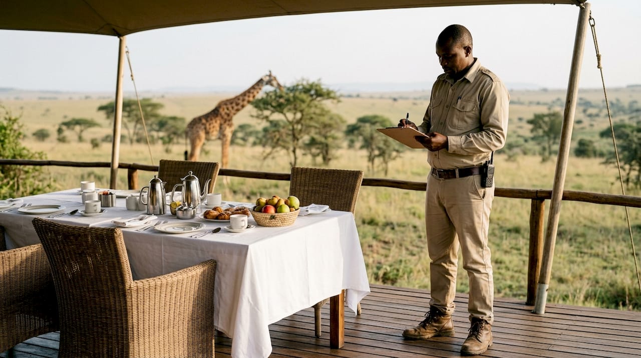 Safari guide at luxury lodge dining setup
