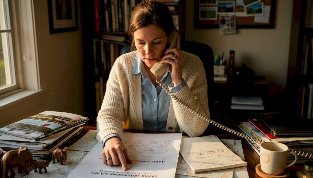 Safari planner reviews itinerary at home office booking safaris early