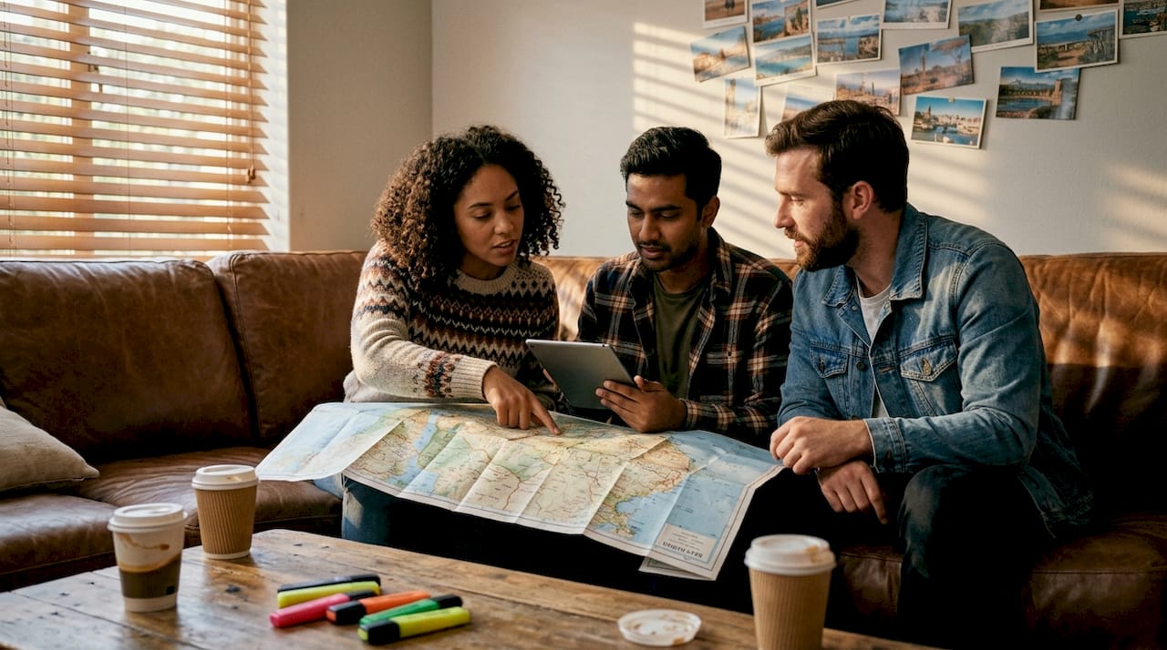 Friends planning budget safari on couch