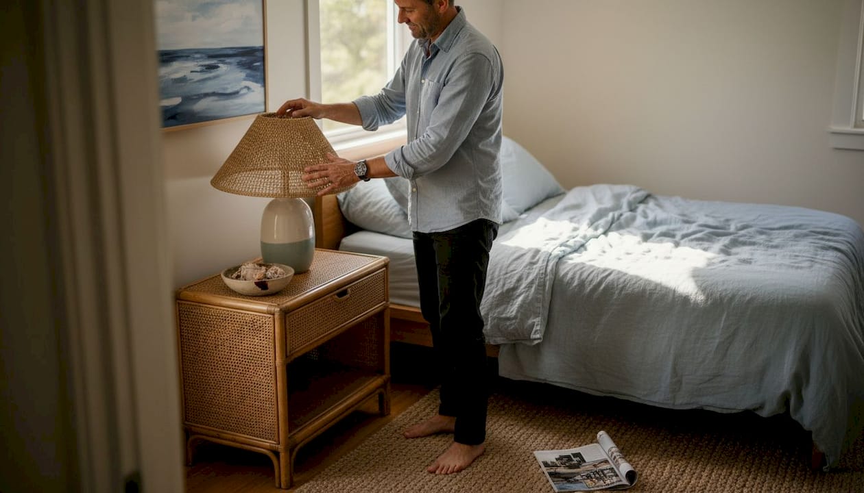 Man adjusting lamp in textured coastal setting