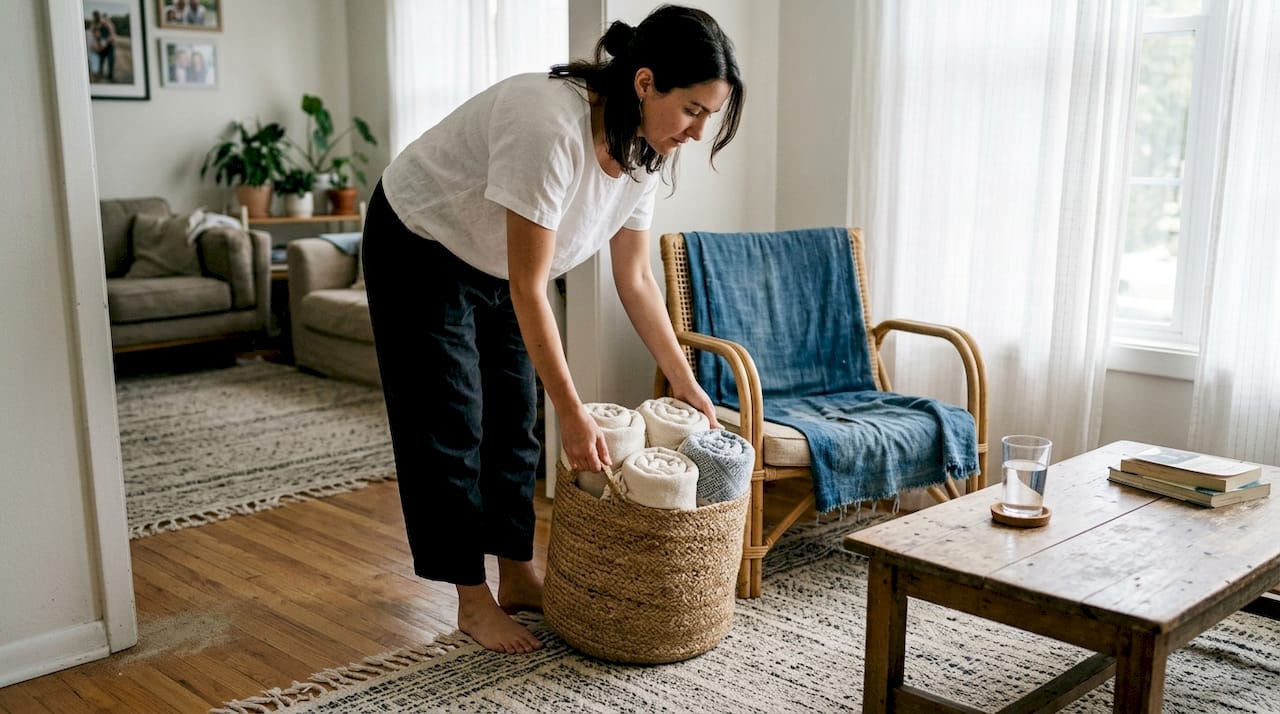 Woman adding jute basket to coastal decor