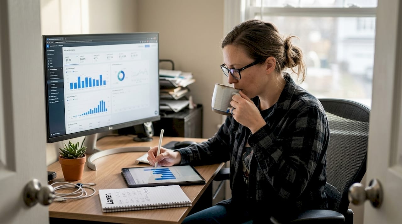 Marketer uses AI ad dashboard in home office