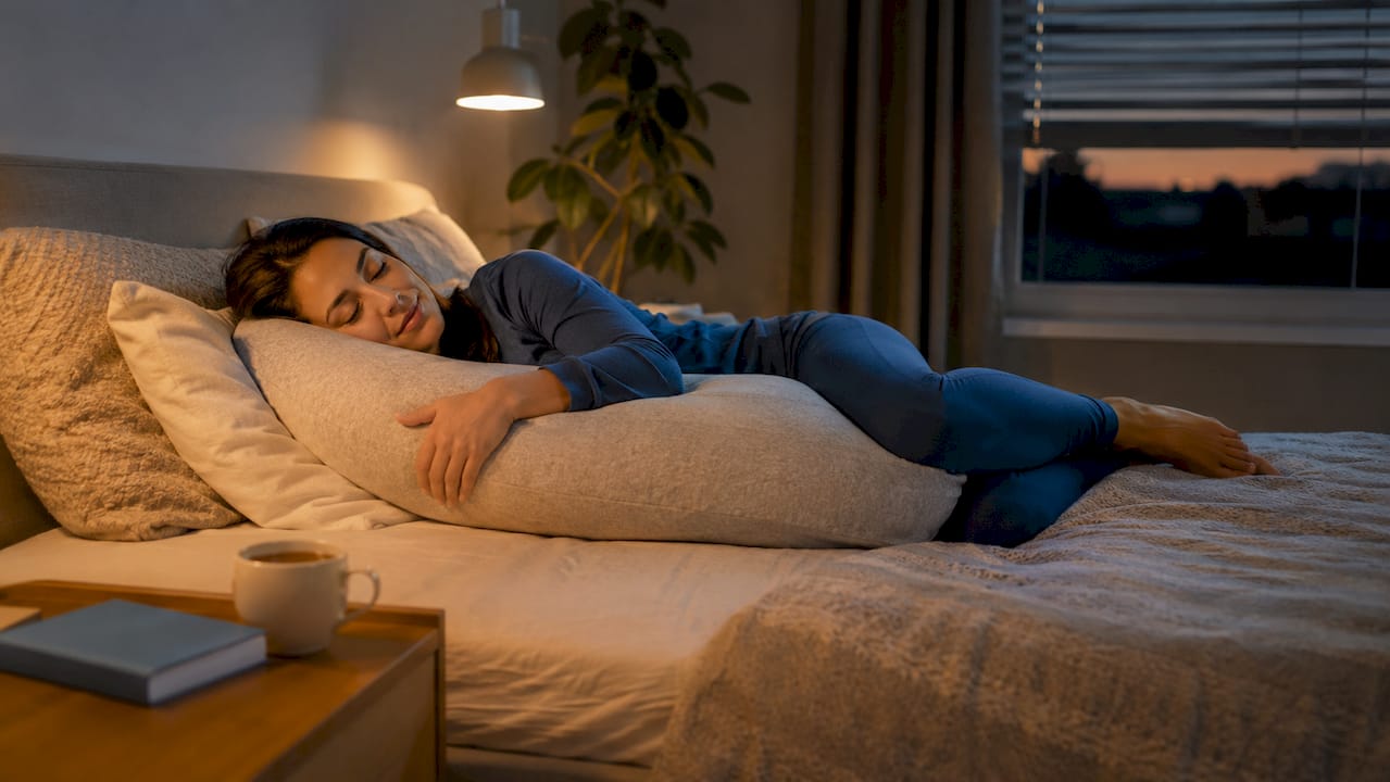 Woman repositioning to side sleep with pillow