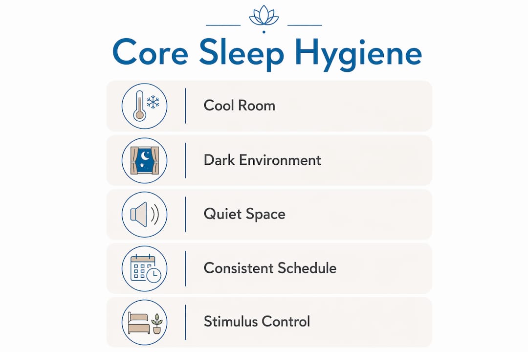 Infographic illustrating core components of sleep hygiene