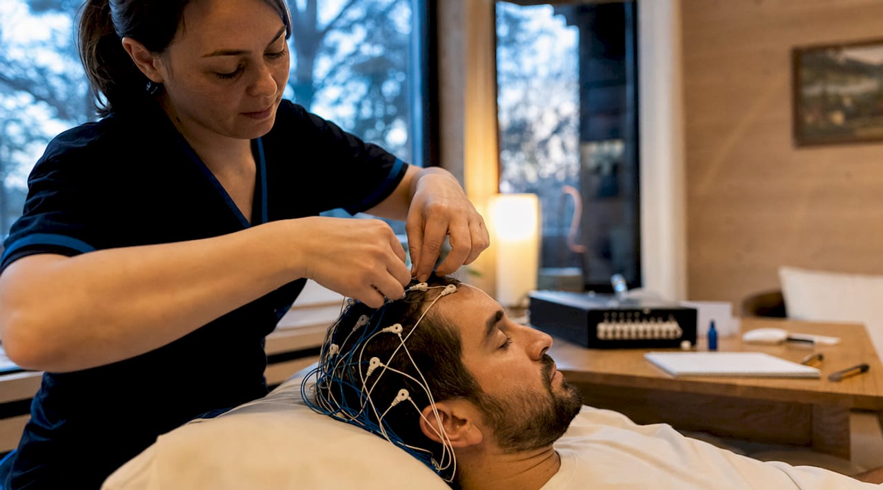 Hands adjusting EEG electrodes in sleep lab
