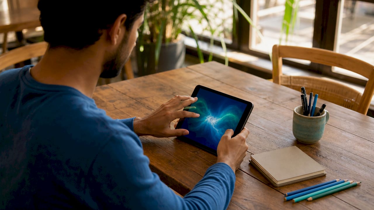 Hands using digital visual relaxation tool