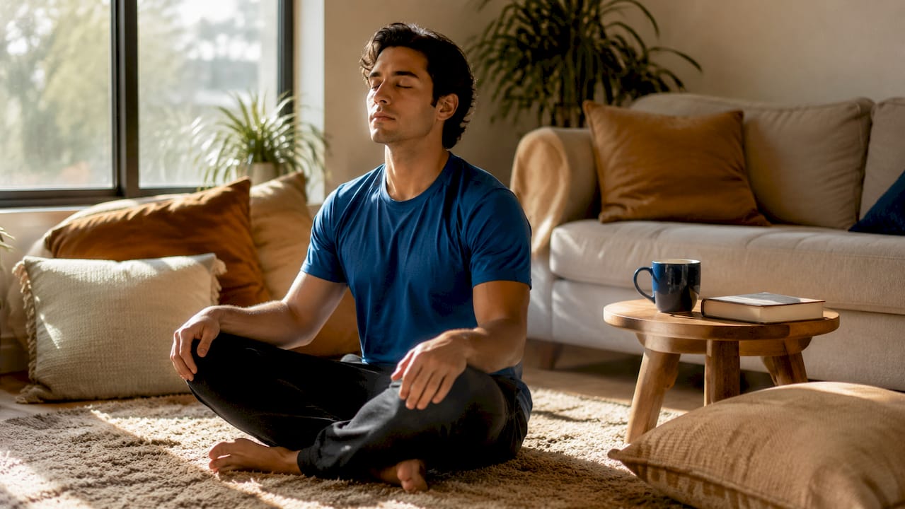Young man practicing mindful nasal breathing at desk