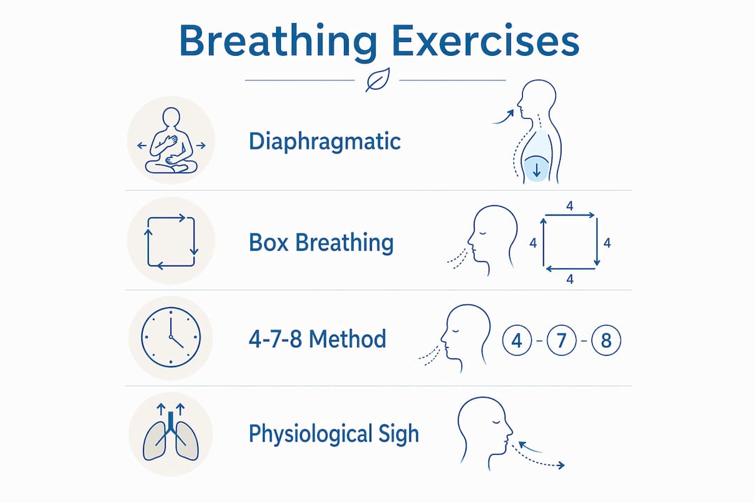 Infographic showing key breathing exercises