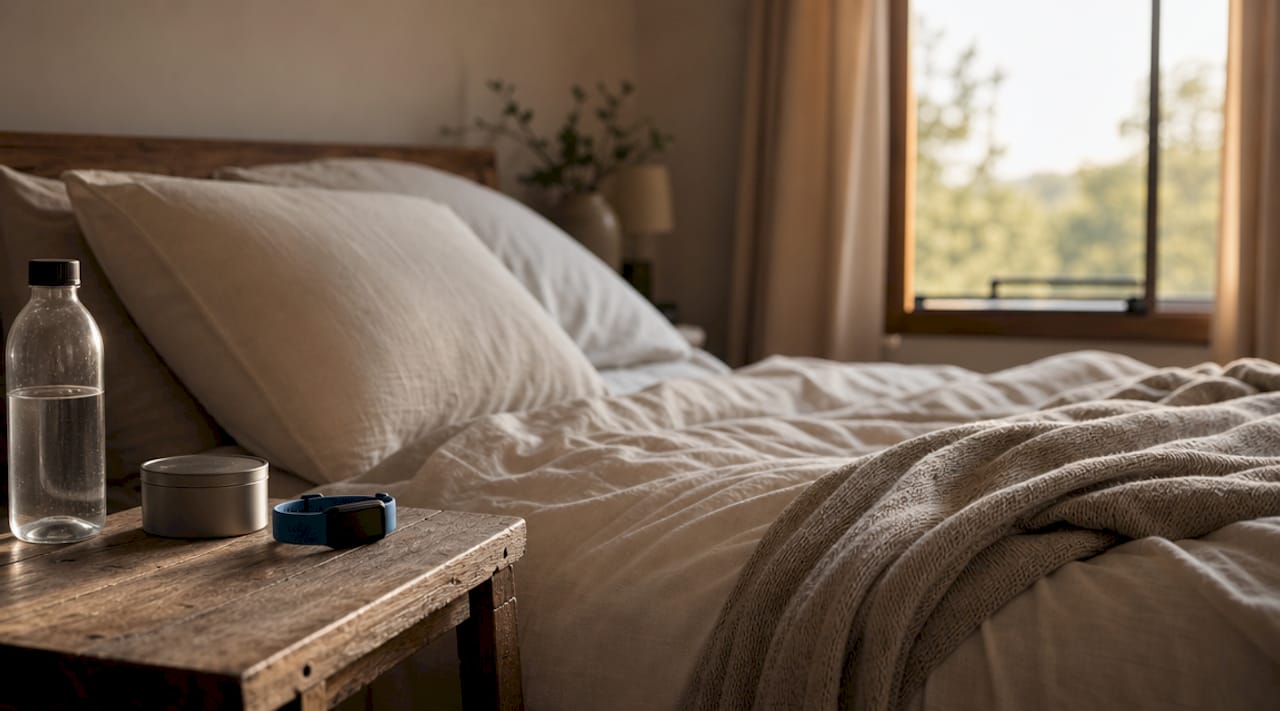 Sleep tracker and supplement on bedside table