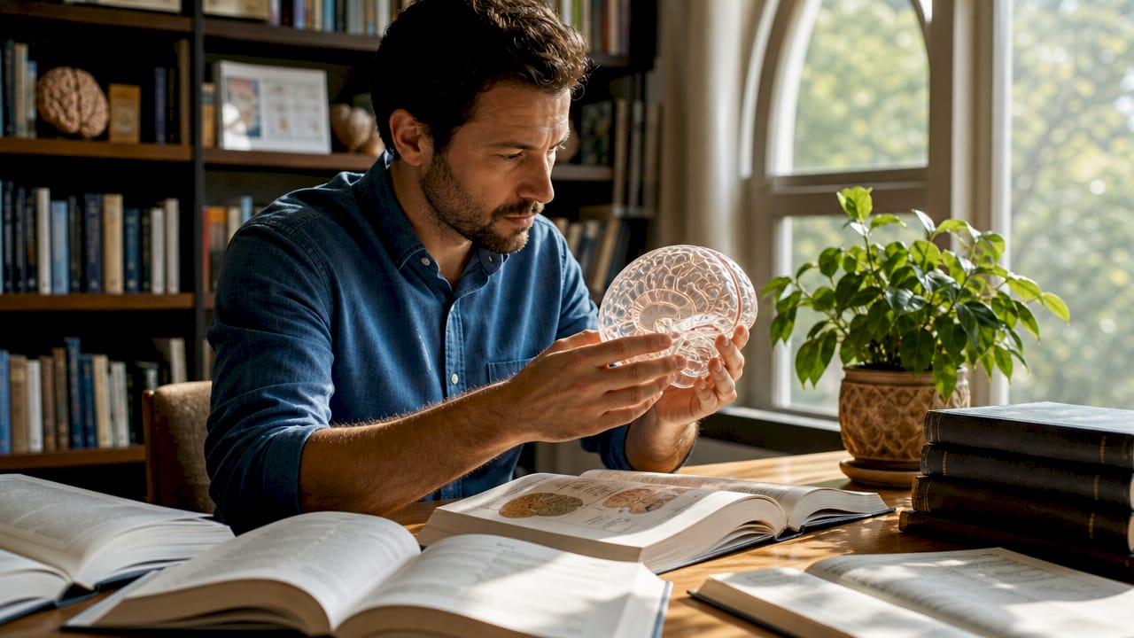 Neuroscientist hands holding brain model