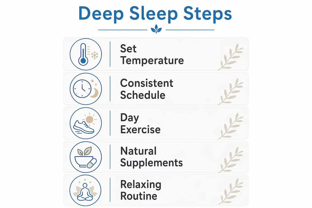 Infographic illustrating steps to improve deep sleep