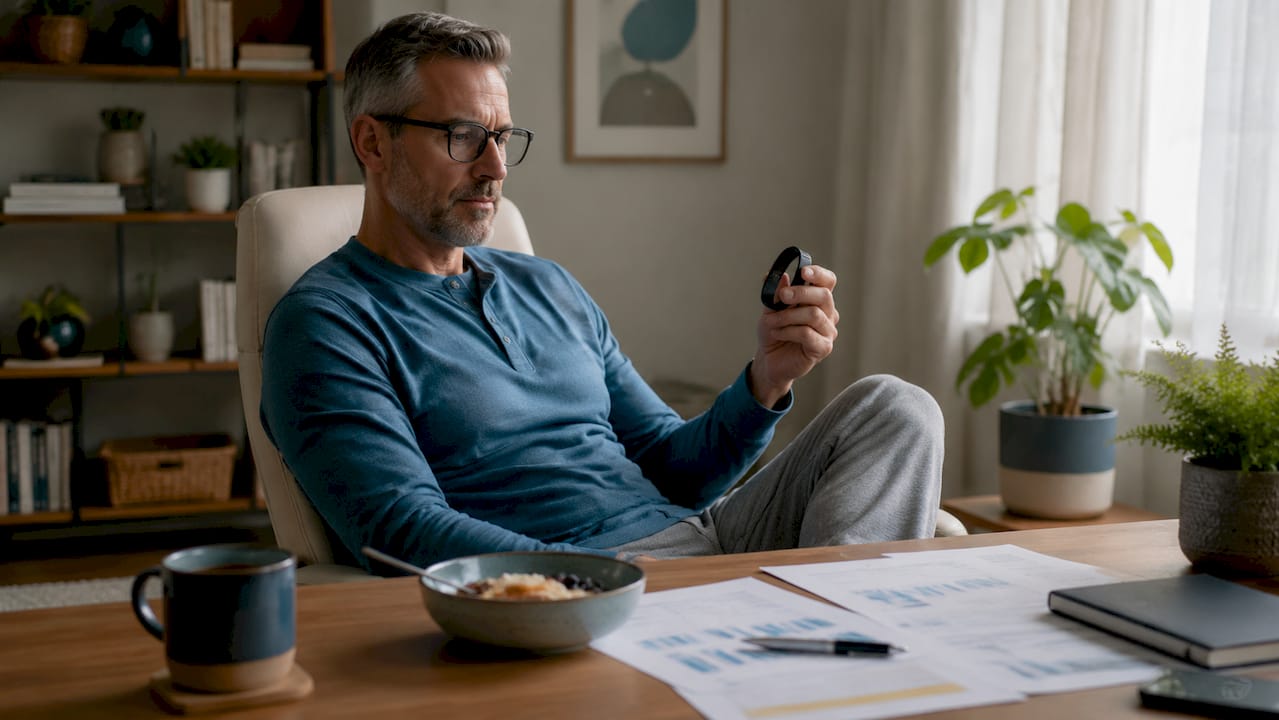 Man reviewing wearable sleep tracker data in morning