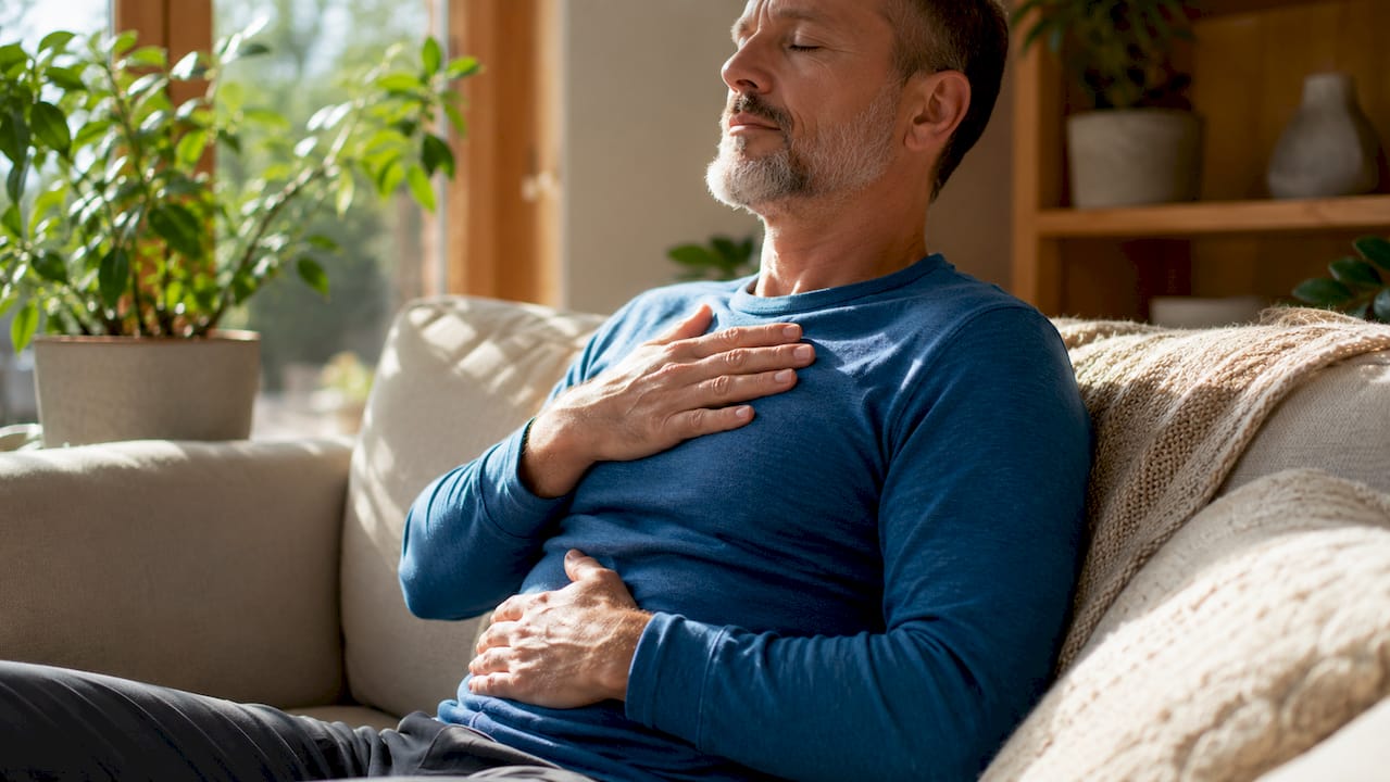 Close-up on hands showing belly breathing technique