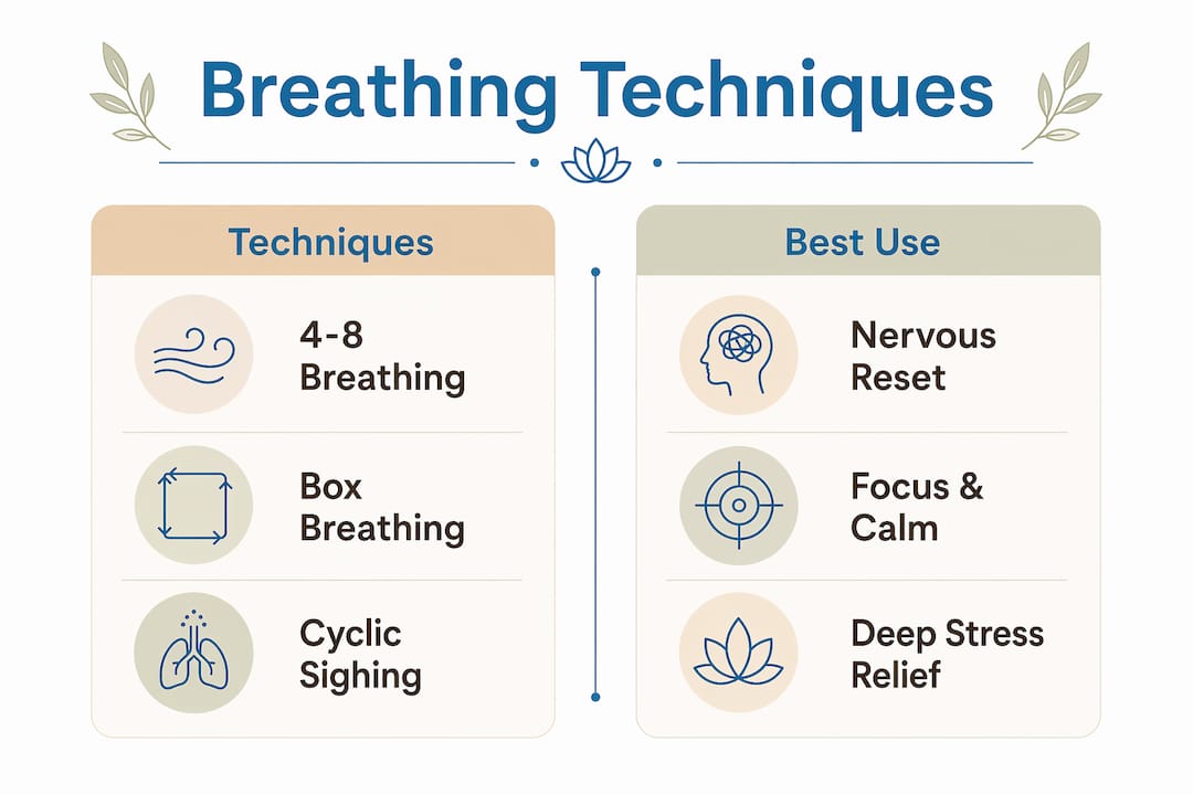 Infographic comparing deep breathing techniques and uses