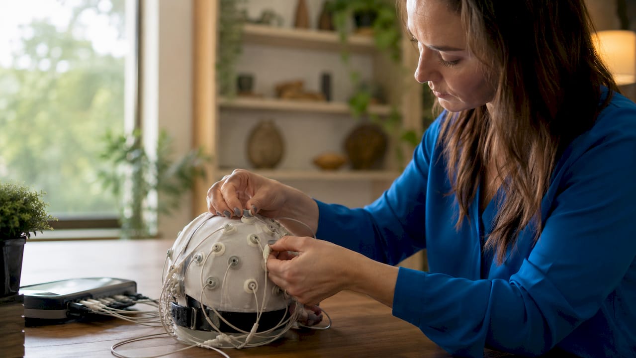 Neuroscientist preparing EEG cap for brain wave study
