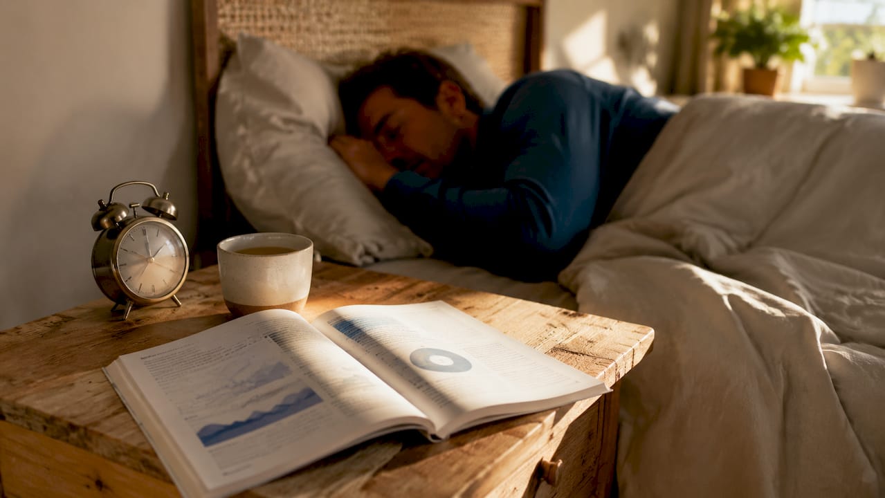 Overhead view of bedside table with sleep study materials