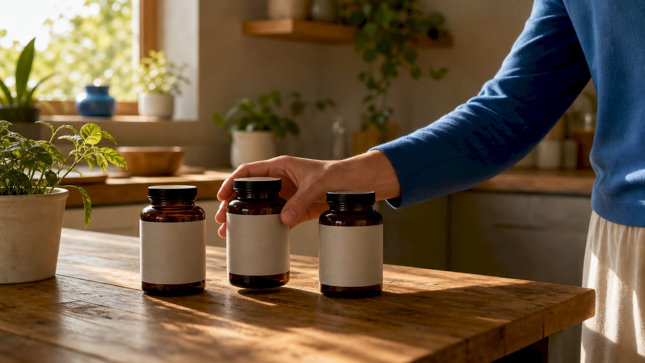 Various magnesium supplement bottles on kitchen counter
