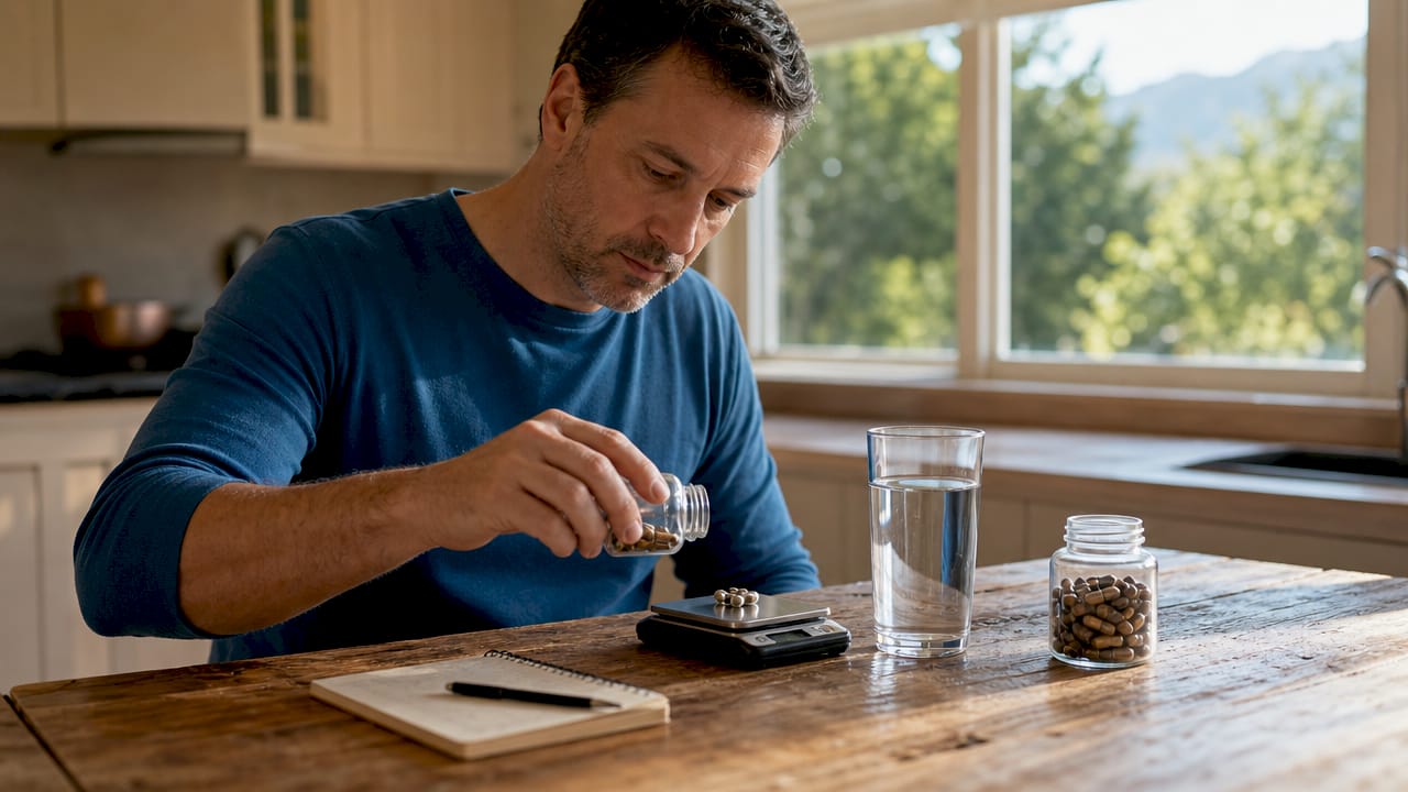 Hands dosing tryptophan capsules on kitchen table