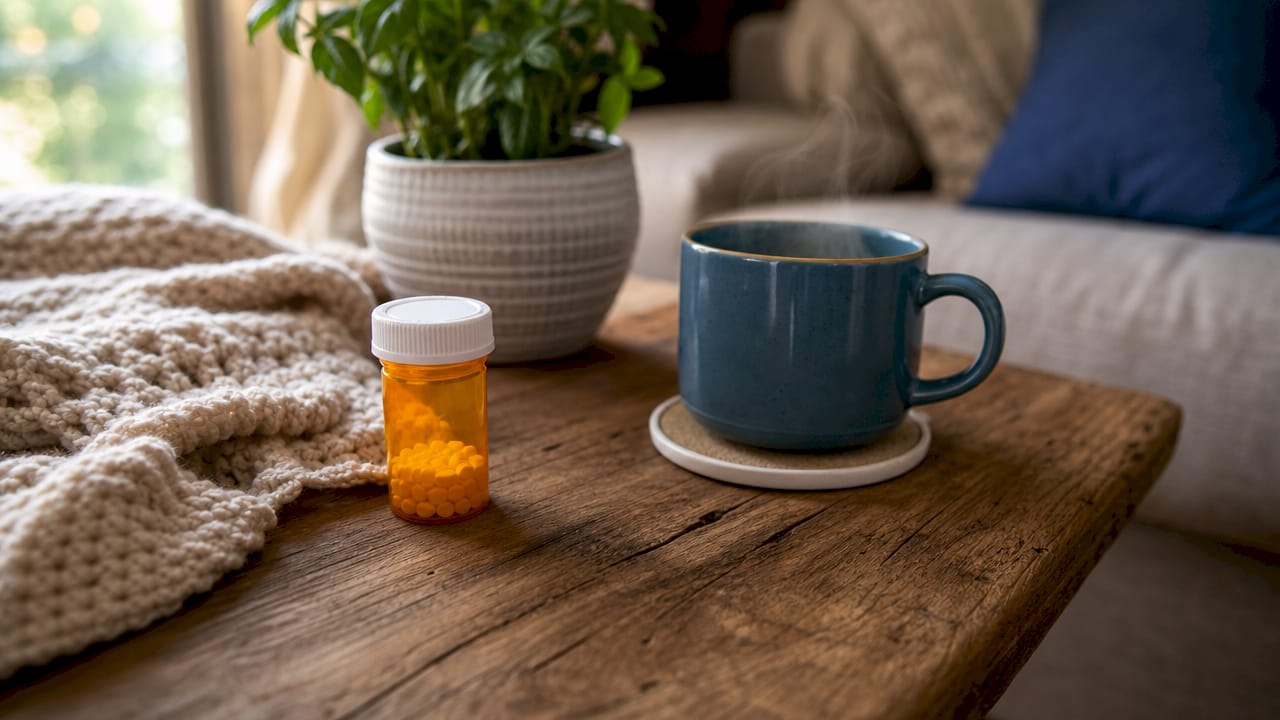 Close-up of sleep aid medication on bedside table