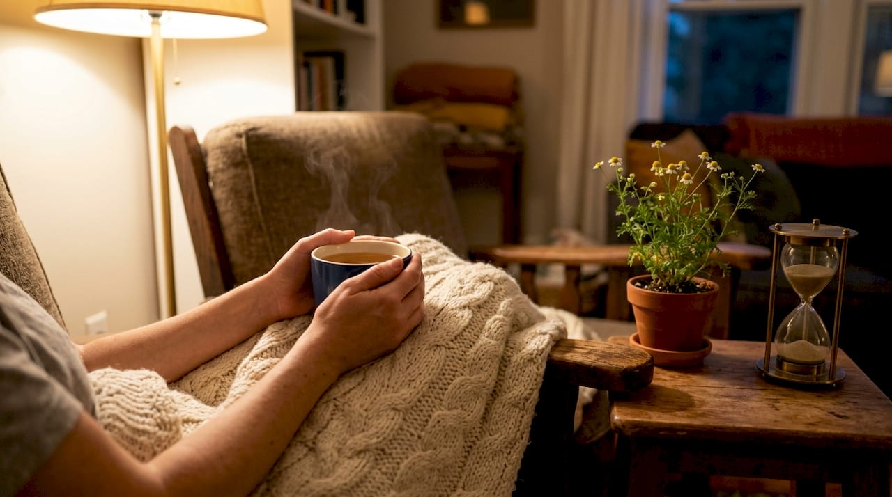 Hands holding warm cup of tea on bedside table