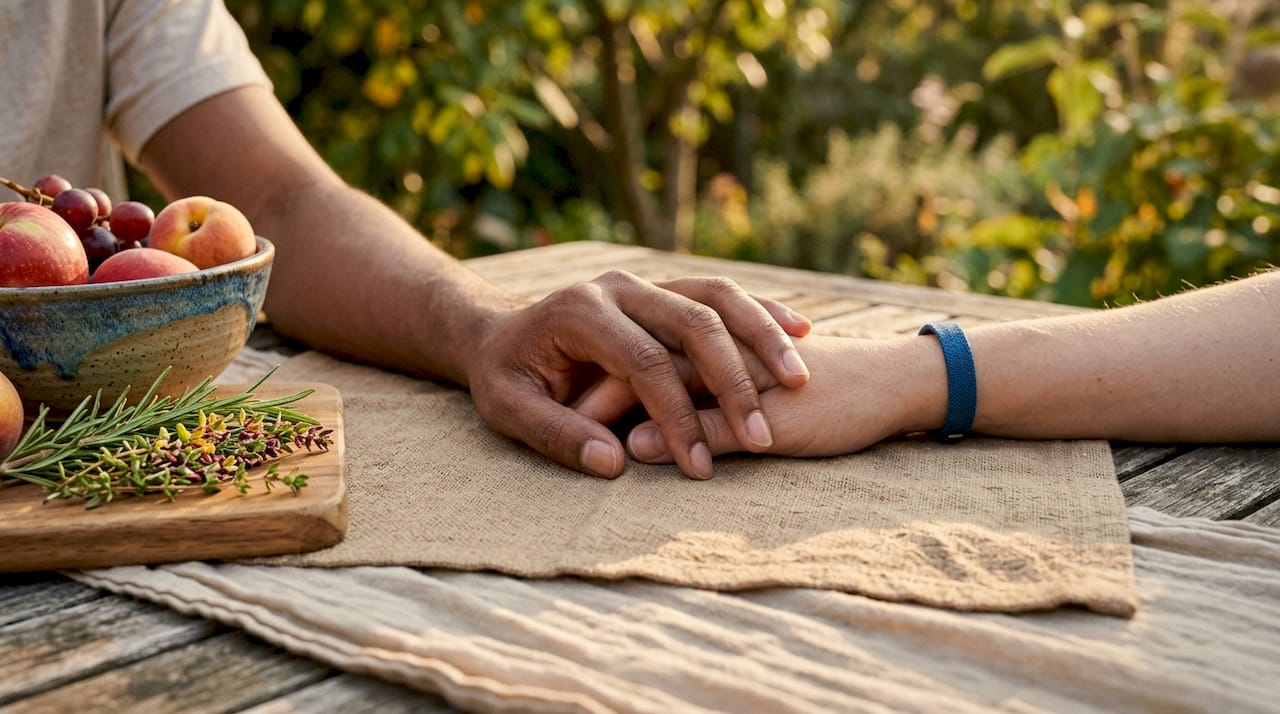 Hands holding gently for social support and stress relief
