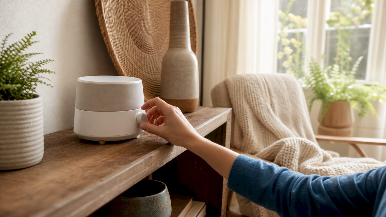 Hand adjusting white noise machine volume near window