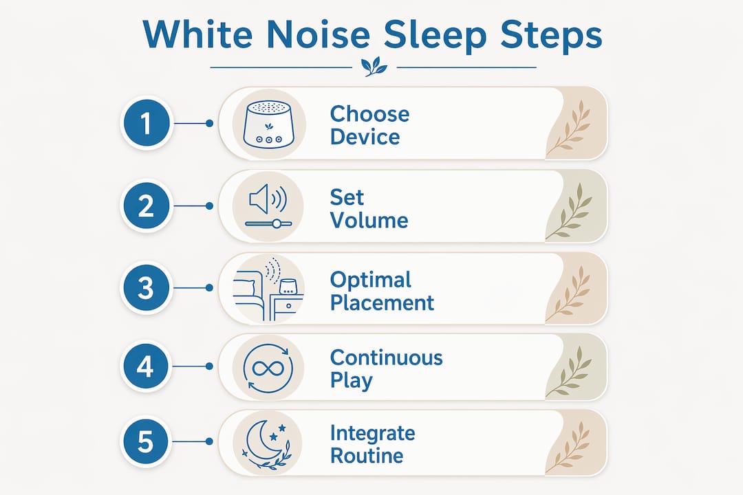 Infographic illustrating steps for using white noise to improve sleep